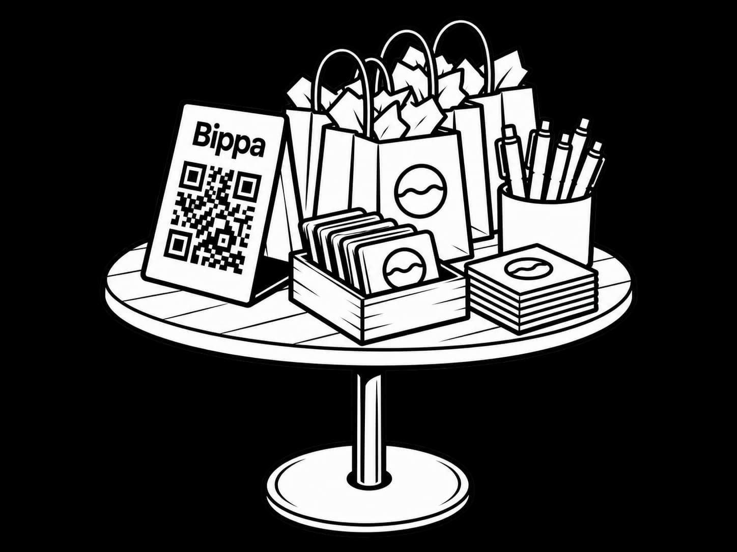 A round table with a Bippa QR sign, gift bags, a box of cards and a cup of pens