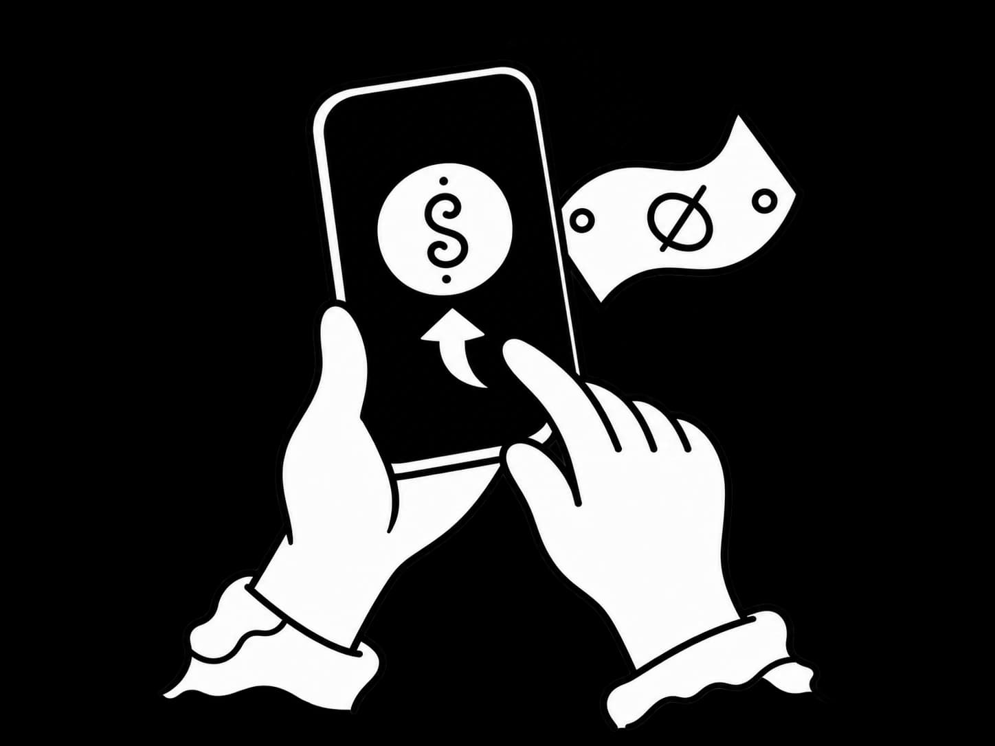 En tommelfinger trykker på en betalingsknap på en telefon, mens en pengeseddel flyver væk