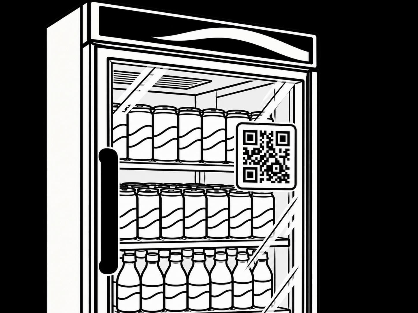 Et drikkevarekøleskab med et QR-klistermærke på glasdøren