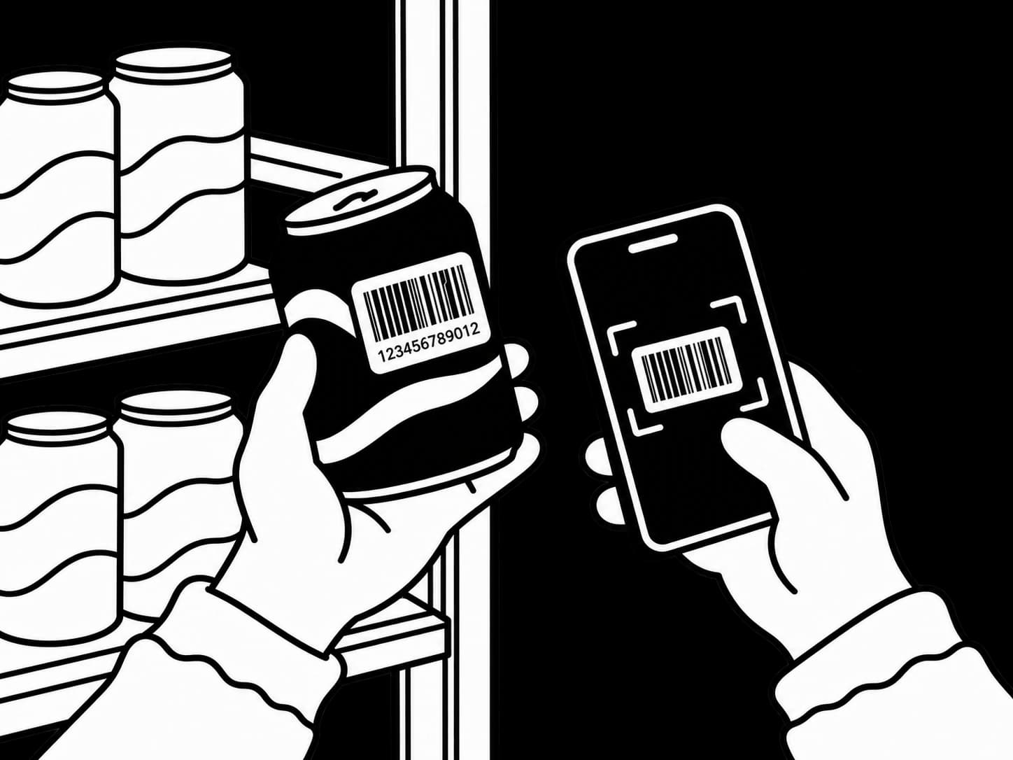 En hånd holder en dåse op foran en telefon, der scanner stregkoden